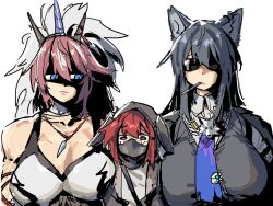 Rule 34 | 3girls, animal ears, arknights, bare shoulders, black hair, black vest, blue eyes, blue necktie, breasts, brown hair, cleavage, crownslayer (arknights), food, food in mouth, highres, hood, jewelry, kirin r yato (arknights), mask, monster hunter (series), mouth mask, multiple girls, mutomorokoshi, necktie, pendant, pocky, pocky in mouth, red hair, shaded face, simple background, sunglasses, texas (arknights), texas the omertosa (arknights), vest, white background, wolf ears, yato (arknights)