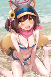 1girl absurdres animal_ear_fluff animal_ears beach bikini blue_archive blue_shorts breasts brown_hair cleavage cutoffs day denim denim_shorts fang flower fox_ears fox_girl fox_tail hair_flower hair_ornament halo highres izuna_(blue_archive) izuna_(swimsuit)_(blue_archive) looking_at_viewer medium_breasts micro_shorts miyama_mizuki_(hoshihoshi1220) navel ocean official_alternate_costume open_mouth outdoors pink_halo pink_scarf scarf short_hair shorts sitting smile solo stomach striped_bikini striped_clothes sunflower sunflower_hair_ornament swimsuit tail visor_cap wariza yellow_eyes