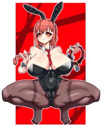 1girl animal_collar animal_ears bare_shoulders black_leotard braid braided_ponytail breasts brown_pantyhose cameltoe chainsaw_man closed_mouth collar covered_navel detached_collar eyelashes fake_animal_ears female_focus full_body hands_up holding holding_collar huge_breasts leotard long_hair looking_at_viewer makima_(chainsaw_man) miyako.noh necktie pantyhose playboy_bunny rabbit_ears red_background red_collar red_hair red_necktie simple_background smile solo spread_legs squatting strapless strapless_leotard tiptoes toes two-tone_background w white_background white_collar wide_spread_legs wrist_cuffs yellow_eyes