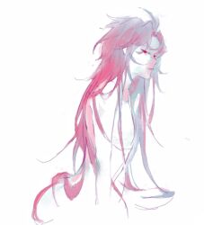 Rule 34 | 1boy, ahoge, artistguillotine, closed mouth, completely nude, cropped torso, curtained hair, eyes visible through hair, from side, hatsutori hajime, highres, long hair, male focus, nude, parted bangs, pink hair, red eyes, saibou shinkyoku, simple background, solo, variant set, white background