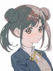 Rule 34 | 1girl, black coat, bow, brown eyes, brown hair, coat, idolmaster, idolmaster shiny colors, long hair, orniflop, shirt, sonoda chiyoko, twintails, white background, white shirt, yellow bow
