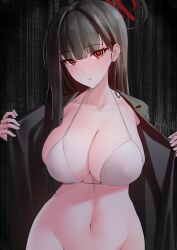 Rule 34 | 1girl, absurdres, bikini, black background, black hair, black jacket, blue archive, blush, bottomless, breasts, cleavage, collarbone, commentary, ear blush, groin, hair behind ear, halo, halterneck, hands up, highres, jacket, large breasts, long hair, looking at viewer, navel, nose blush, open clothes, open jacket, opened by self, out-of-frame censoring, parted lips, red eyes, red halo, ringed eyes, rio (blue archive), solo, standing, stomach, string bikini, swimsuit, upper body, white bikini, zhenhi (jinil 0611)