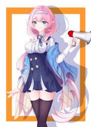 1girl absurdres black_thighhighs blue_eyes blue_scarf blue_skirt breasts elf elysia_(coco)_(honkai_impact) elysia_(honkai_impact) hairband highres holding holding_megaphone honkai_(series) honkai_impact_3rd large_breasts long_hair megaphone neptune_(user_xwvh2323) official_alternate_costume pink_hair pointy_ears scarf shirt skirt smile solo thighhighs thighs very_long_hair white_background white_hairband white_shirt zettai_ryouiki