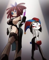 2girls absurdres black_dress breasts button_eye cleavage curly_hair dress elbow_gloves glitch_productions gloves hat high_heels highres huge_breasts jester_cap jewelry multiple_girls necklace pearl_necklace pomni_(the_amazing_digital_circus) ragatha_(the_amazing_digital_circus) the_amazing_digital_circus thighhighs