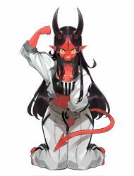1girl abs andrewcockroach between_legs black_hair breasts choker colored_skin commentary commission demon_girl demon_horns demon_tail english_commentary flexing hand_between_legs highres horns kneeling large_breasts long_hair muscular muscular_female original pants red_skin shiny_horns shiny_skin smile sparkling_eyes sports_bra tail track_pants track_suit very_long_hair yellow_eyes