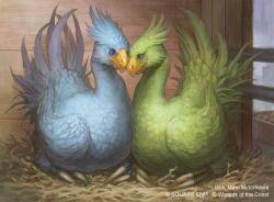 artist_name beak bird bird_nest blue_bird blue_eyes blue_feathers chocobo couple feathers final_fantasy final_fantasy_vii g.river green_bird green_feathers indoors looking_at_another magic:_the_gathering no_humans nuzzle official_art square_enix stable
