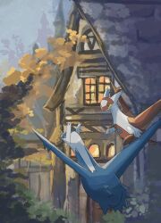Rule 34 | animal focus, autumn leaves, building, bush, closed mouth, cottage (building), floating, gen 3 pokemon, grey sky, highres, latias, latios, leaf, legendary pokemon, nintendo, no humans, outdoors, overcast, pokemon, pokemon (creature), red eyes, sky, tree, volpecorvo, window, yellow eyes