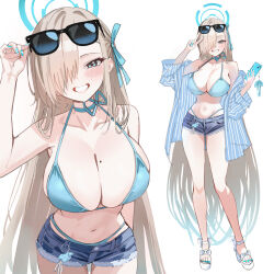1girl absurdres adjusting_eyewear alternate_costume asuna_(blue_archive) bare_arms bare_shoulders bikini blonde_hair blue_archive blue_bikini blue_eyes blue_ribbon blush breasts cellphone cleavage denim denim_shorts eyewear_on_head grin hair_over_one_eye hair_ribbon highres holding holding_phone large_breasts long_hair looking_at_viewer mango_(mango0208) mole mole_on_breast phone ribbon sandals short_shorts shorts sidelocks smartphone smile solo sunglasses swimsuit white_sandals