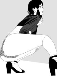 1girl ass breasts chainsaw_man crop_top cropped_shirt fujimoto_tatsuki_(style) greyscale high_heels highres low-tied_sidelocks mifune_fumiko monochrome nanami_toga no_pants panties shirt short_hair sidelocks small_breasts solo squatting underwear