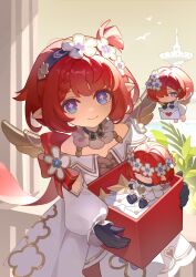 1girl absurdres bare_shoulders black_gloves blue_eyes book box braid braided_bangs chibi closed_mouth dress envelope flower gloves hair_flower hair_ornament hair_over_eyes hair_over_one_eye hairband highres holding holding_box honkai:_star_rail honkai_(series) indoors long_hair long_sleeves looking_at_viewer metal_wings plant pointy_ears red_hair smile solo trianne_(honkai:_star_rail) tribbie_(honkai:_star_rail) trinnon_(honkai:_star_rail) white_dress white_flower window wings xiaoxin9