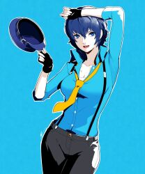 1girl black_gloves black_pants blue_background blue_eyes blue_hat blue_shirt breasts collared_shirt commentary cowboy_shot eightyfourart fingerless_gloves gloves hand_on_own_head hat highres holding holding_unworn_clothes holding_unworn_hat looking_at_viewer medium_breasts necktie open_mouth outline pants persona persona_4 shirogane_naoto shirt short_hair simple_background solo suspenders unworn_hat unworn_headwear white_outline yellow_necktie