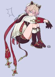 1boy black_gloves black_shorts blush boots commentary_request dahlia_(genshin_impact) genshin_impact gloves hat highres knee_boots long_sleeves looking_at_viewer male_focus one_eye_closed pink_hair purple_background purple_eyes shiro_chan46 shorts signature simple_background smile solo vision_(genshin_impact) white_hat