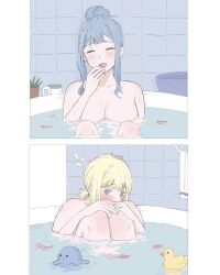 2girls bang_dream! bang_dream!_it&#039;s_mygo!!!!! bath bite_mark bite_mark_on_neck bite_mark_on_shoulder blonde_hair blue_hair blush closed_eyes hair_bun highres i_love_lesbian long_hair misumi_uika multiple_girls nude open_mouth partially_submerged petals same-sex_bathing shared_bathing short_hair sidelocks single_hair_bun spurs togawa_sakiko yuri