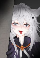 Rule 34 | 1girl, animal ears, arknights, black gloves, blush, chinese commentary, commentary request, facial scar, fangs, gloves, grey eyes, grey hair, grin, hair between eyes, hair ornament, hairclip, highres, jewelry, lappland (arknights), lappland (refined horrormare) (arknights), looking at viewer, necklace, open mouth, scar, scar across eye, scar on cheek, scar on face, skull necklace, smile, solo, teeth, tongue, tongue out, upper body, wolf ears, wolf girl, yinzhixiaochaoyangla