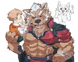 2boys abs aidemcc animal_ears bara carrying carrying_person character_request closed_eyes commentary_request cross_scar dog_boy dog_ears doodle_inset facial_scar fangs furry furry_male hand_on_own_hip highres male_focus marchosias_(housamo) multiple_boys muscular muscular_male nipples open_mouth orange_sweater pectorals scar scar_on_cheek scar_on_face shirt sleeveless sleeveless_sweater sweat sweater tokyo_houkago_summoners translation_request white_background white_shirt