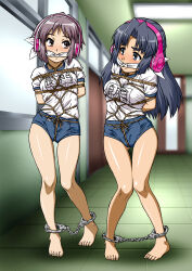 2girls absurdres arms_behind_back asakura_ryoko bdsm blue_eyes blue_hair blush bondage bound breasts brown_eyes buruma cleave_gag cloth_gag cuffs daikinbakuju full_body gag gagged gluteal_fold grey_hair gym_uniform headphones highres improvised_gag legs long_hair multiple_girls nagato_yuki rope sensory_deprivation shoes short_hair standing suzumiya_haruhi_no_yuuutsu