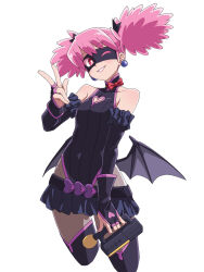 1girl bare_shoulders black_gloves black_leotard black_mask black_ribbon boku_no_hero_academia bow cleavage_cutout clothing_cutout commentary_request cropped_legs detached_sleeves earrings eye_mask fingerless_gloves gloves hair_ribbon haneyama_kazuho heart_cutout highres holding jewelry leotard looking_at_viewer low_wings miniskirt pink_hair red_bow ribbed_leotard ribbon simple_background skirt solo vigilante_-boku_no_hero_academia:_illegals- w white_background wings yachima_tana