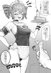 1boy 1girl armband artificial_vagina blush breasts choker closed_eyes collarbone drill_hair frills hand_on_own_hip high_re highres japanese_text kasane_teto lotion lotion_bottle maid_headdress medium_breasts one-piece_swimsuit open_mouth sex_toy sidelocks speech_bubble swimsuit thigh_strap thighs thumbs_up translation_request tray twin_drills twintails utau wrist_cuffs
