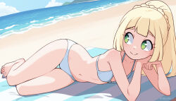 1girl absurdres bare_arms bare_legs bare_shoulders barefoot beach bikini blonde_hair blue_nails braid breasts closed_mouth commentary crown_braid day elbow_rest english_commentary green_eyes highres lillie_(pokemon) long_hair lying navel nintendo outdoors pokemon pokemon_(anime) pokemon_sm_(anime) small_breasts smile solo swimsuit thigh_gap tobias_wheller viewfinder water white_bikini