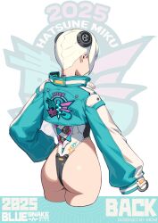 1girl 2025 absurdres aqua_jacket artist_name ass character_name cropped_jacket cropped_legs cyborg from_behind hand_on_own_hip hatsune_miku hichi high_collar highleg highleg_leotard highres jacket leotard long_sleeves multicolored_jacket puffy_long_sleeves puffy_sleeves short_hair sleeves_past_fingers sleeves_past_wrists solo two-tone_jacket vocaloid white_hair white_jacket white_leotard