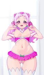 1girl absurdres beads breasts cameltoe clover_earrings cone_hair_bun cure_yell from_below gluteal_fold grabbing_own_breast hair_bun hair_ornament highres hugtto!_precure long_hair looking_at_viewer microskirt midriff nail_polish navel nipple_stimulation nipple_tweak nipples nono_hana nypdesu open_mouth pearl_thong pink_eyes pink_hair pink_skirt precure skirt solo standing teeth thick_eyebrows thick_eyelashes thighhighs upper_teeth_only upskirt