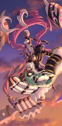 2girls artist_name black_gloves breasts closed_eyes cloud colored_inner_hair commentary_request dark-skinned_female dark_skin dated dress drill_hair elbow_gloves fate/grand_order fate_(series) fingerless_gloves flying gloves green_eyes green_haori haori highres japanese_clothes long_hair medium_breasts multicolored_hair multiple_girls orange_sky pink_hair ponytail short_hair_with_long_locks sky sweatdrop third_eye titiduki_(manman-ya) twitter_username two-tone_hair ushi_gozen_(avenger)_(fate) ushi_gozen_(avenger)_(third_ascension)_(fate) ushi_gozen_(fate) white_dress white_hair yui_shousetsu_(fate)