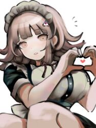 1girl apron black_dress brown_hair danganronpa_(series) danganronpa_2:_goodbye_despair dress frilled_apron frills galaga heart heart_hands ikemen&#039;na_ore-shi maid maid_apron maid_headdress medium_hair nanami_chiaki neck_ribbon puffy_short_sleeves puffy_sleeves ribbon short_sleeves solo white_apron