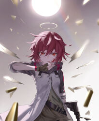 1girl absurdres arknights blood blood_on_face blurry bullet closed_mouth exusiai_(arknights) fingerless_gloves frown gloves green_gloves hair_between_eyes halo highres lens_flare looking_at_viewer orange_eyes pink_hair short_hair sinxe80 solo tongue tongue_out traditional_halo v-shaped_eyebrows white_halo