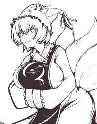 1girl arms_under_breasts breasts commentary_request cowboy_shot fox_girl fox_tail greyscale grin hands_in_opposite_sleeves hanemikakko kitsune kyuubi large_breasts looking_at_viewer monochrome multiple_tails simple_background smile solo tabard tail touhou yakumo_ran