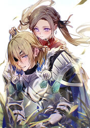 1boy 1girl aged_down armor blonde_hair blue_cape blue_eyes cape commentary dimitri_alexandre_blaiddyd dimitri_alexandre_blaiddyd_(king_of_faerghus) dimitri_alexandre_blaiddyd_(timeskip) dress edelgard_von_hresvelg edelgard_von_hresvelg_(young) eyepatch fire_emblem fire_emblem:_three_houses fire_emblem_heroes fur_cape grass highres leaf long_hair nintendo official_alternate_costume pauldrons purple_eyes red_dress short_hair shoulder_armor smile soma_otakuu sweatdrop time_paradox twintails
