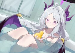 1girl absurdres ahoge bathing bathtub blue_archive demon_girl demon_horns demon_wings evening_rabbit highres hina_(blue_archive) holding holding_toy horns long_hair parted_bangs partially_submerged rubber_duck sidelocks solo toy white_hair wings