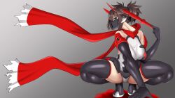 1girl aqua_eyes armor asura_ninja bare_shoulders black_gloves black_thighhighs breasts brown_hair dagger elbow_gloves gerwalk gloves highres knife large_breasts leotard looking_at_viewer mask mecha_musume megami_device mouth_mask ninja ninja_mask red_armor red_scarf scarf short_hair sidelocks solo spread_legs squatting thighhighs thighs twintails uncats weapon white_leotard