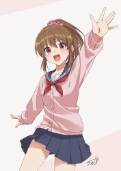 1girl black_skirt blush brown_eyes brown_hair cardigan collarbone cowboy_shot high_ponytail hori_yuko idolmaster idolmaster_cinderella_girls long_hair open_mouth pink_cardigan ponytail shirt simple_background skirt solo tyuga white_background white_shirt