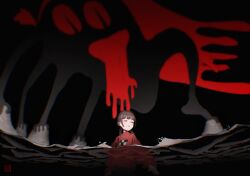 1girl blast-7 blush braid brown_hair closed_eyes commentary_request highres long_hair long_sleeves madotsuki parted_lips partially_submerged red_sweater signature solo sweater turtleneck turtleneck_sweater twin_braids water yume_nikki