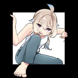 1girl absurdres ahoge armpit_crease barefoot blonde_hair commentary english_commentary enna_alouette fourth_wall hair_between_eyes highres long_hair looking_at_viewer momojii_e multicolored_hair nijisanji nijisanji_en open_mouth purple_eyes solo sweatdrop tank_top through_medium toes two-tone_hair virtual_youtuber
