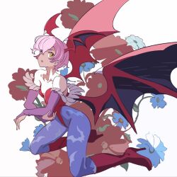 Rule 34 | 1girl, animal print, bare shoulders, bat print, bat wings, darkstalkers, demon girl, flat chest, futa yuri ryona, head wings, highleg, highleg leotard, highres, leotard, lilith (darkstalkers), looking at viewer, pantyhose, print pantyhose, purple hair, red leotard, short hair, simple background, solo, white background, wings