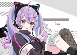 1girl :d ahoge animal animal_ear_headphones animal_ears armband bandaged_knees black_jacket black_socks blush brown_eyes brown_thighhighs cat commentary_request cropped_jacket drawstring fake_animal_ears feet_out_of_frame fishnet_thighhighs fishnets grey_background grid_background hair_between_eyes hair_ornament hairclip headphones headset heart heart_hair_ornament highres jacket knees_up long_hair long_sleeves looking_at_viewer multicolored_hair open_mouth puffy_long_sleeves puffy_sleeves purple_hair rino_cnc shinomiya_runa single_sock single_thighhigh smile socks solo streaked_hair thighhighs twintails two-tone_background very_long_hair virtual_youtuber vspo! white_background
