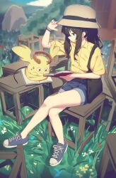 1girl absurdres bag black_bag black_hair blue_shorts blue_socks book cloud collared_shirt crossed_legs day fangs flower grass green_eyes hat highres holding holding_book hoplitx long_hair original outdoors red_eyes rock shirt shoes short_shorts shorts sitting sky sneakers socks yellow_shirt
