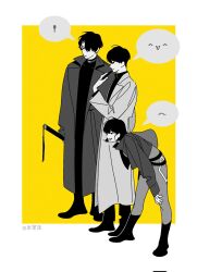 ! 1girl 2boys ^v^ benkdjjituibot black_boots black_coat black_eyes black_hair black_shirt boots border coat collared_shirt curtained_hair full_body greyscale_with_colored_background han_sooyoung highres holding holding_phone kim_dokja leaning_forward looking_at_object multiple_boys object_to_chin omniscient_reader&#039;s_viewpoint outside_border phone popped_collar sheath shirt short_hair speech_bubble spoken_exclamation_mark spoken_expression tongue tongue_out white_border white_coat yellow_background yoo_joonghyuk