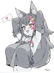 1girl animal_ear_fluff animal_ears armpits bell black_hair breasts choker clothing_cutout crop_top detached_sleeves fang hair_ornament hairpin heart hololive midriff multicolored_hair necktie ookami_mio ookami_mio_(1st_costume) partially_colored red_hair seo_tatsuya skin_fang stomach_cutout streaked_hair virtual_youtuber wolf_ears wolf_girl