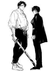 Rule 34 | 1boy, 1girl, black hair, blood, blood on clothes, bloody weapon, glasses, highres, jujutsu kaisen, okkotsu yuuta, scar, scar on face, shoes, sneakers, weapon, zen&#039;in maki