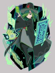 Rule 34 | 1boy, 48okku, black background, black boots, black coat, black hat, black pants, blunt bangs, blunt ends, boots, border, braid, closed mouth, coat, colored eyelashes, commentary, cookie run, cookie run: ovenbreak, film grain, floating, from below, full body, gim cookie, goblin wisp, green eyes, green hair, green outline, grey border, grey kimono, hair over one eye, hat, highres, holding, holding ofuda, humanization, japanese clothes, kimono, knee boots, long sleeves, looking at viewer, male focus, medium hair, ofuda, one eye covered, open clothes, open coat, outline, outside border, pants, puffy pants, simple background, single braid, solo, symbol-only commentary, wide sleeves