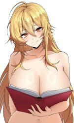 1girl absurdres angelica_rafa_redgrave blonde_hair book breasts commission completely_nude curvy highres holding holding_book huge_breasts large_breasts long_hair navel nude otome_gee_sekai_wa_mob_ni_kibishii_sekai_desu pixiv_commission plump red_eyes smile vvernerluniq white_background