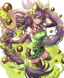 1girl absurdly_long_hair absurdres animal_ears armpits bare_shoulders belt braid breasts brown_gloves brown_hair brown_thighhighs cat_ears clover clover_hair_ornament collared_dress criss-cross_halter dress elbow_gloves four-leaf_clover glasses gloves green_belt green_dress green_eyes hair_ornament halterneck highres indie_virtual_youtuber kitsunya_(vtuber) large_breasts long_hair looking_at_viewer round_eyewear sammi_hisame second-party_source short_dress sleeveless sleeveless_dress solo thighhighs thighs twin_braids very_long_hair virtual_youtuber zettai_ryouiki