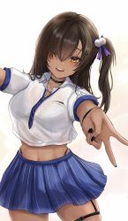 1girl absurdres black_choker black_nails blue_skirt bra_visible_through_clothes breasts brown_hair choker commentary_request cowboy_shot crop_top cropped_shirt dark-skinned_female dark_skin goddess_of_victory:_nikke highres large_breasts long_hair looking_at_viewer midriff naga_(nikke) navel panty_straps school_uniform shirt side_ponytail simple_background skirt solo sunameri_(pixiv3564245) sweat thigh_strap thighs v white_background white_shirt yellow_eyes