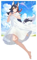 1girl absurdres animal_ears barefoot black_hair blue_sky cloud commentary_request copyright_notice crossed_bangs cumulonimbus_cloud day double-parted_bangs dress flipped_hair frilled_dress frills full_body hair_between_eyes hair_ornament hairclip heart heart_hands highres hololive long_hair looking_at_viewer low-tied_long_hair multicolored_hair off-shoulder_dress off_shoulder official_art one_eye_closed ookami_mio outdoors rainbow red_hair sample_watermark sidelocks sky solo spiked_hair streaked_hair teffish very_long_hair virtual_youtuber watermark white_dress white_hair wolf_ears wolf_girl yellow_eyes