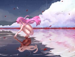 1girl age_progression artist_name ass barefoot blonde_hair breasts chinese_commentary closed_mouth cloud colored_skin commentary_request completely_nude crescent_moon darling_in_the_franxx demon_horns different_reflection expressionless falling_petals floating_hair fog from_side hand_on_own_knee hill horns lake lava long_hair medium_breasts moon night night_sky nude on_water outdoors petals pink_hair red_horns red_skin reflection reflective_water ribs ripples sky slav_squatting squatting star_(sky) starry_sky traghetto very_long_hair water zero_two_(darling_in_the_franxx) zero_two_(young)_(darling_in_the_franxx)
