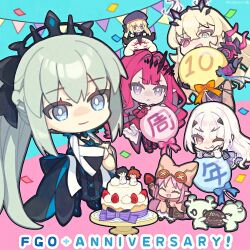 ahoge anniversary armor artoria_caster_(fate) artoria_caster_(second_ascension)_(fate) artoria_pendragon_(fate) avalon_le_fae_(fate/grand_order) bag baggy_clothes baggy_pants balloon baobhan_sith_(fate) baobhan_sith_(first_ascension)_(fate) barghest_(fate) barghest_(second_ascension)_(fate) beret birthday_cake black_bow black_dress black_gloves black_hair blonde_hair blue_cape blue_capelet blue_cloak blue_dress blue_eyes blue_hat blush boots bow braid breasts brown_eyes brown_pantyhose button_eyes buttons cake cape capelet celebration center_frills cernunnos_(fate) chaldea_uniform chibi cloak closed_eyes coat colored_skin con_(fate) creature decorating dress english_text faerie_knights_(fate) fate/grand_order fate_(series) food forked_eyebrows frilled_dress frills fruit fujimaru_ritsuka_(female) fujimaru_ritsuka_(male) gauntlets gloves green_eyes green_skin grey_eyes grey_hair habetrot_(fate) hair_bow hair_ornament half_up_braid hat heterochromia horns icing jacket jewelry long_hair long_sleeves looking_at_viewer melusine_(fate) melusine_(second_ascension)_(fate) morgan_le_fay_(fate) morgan_le_fay_(third_ascension)_(fate) multicolored_cape multicolored_capelet multicolored_cloak multiple_girls multiple_others muscular muscular_female one_side_up open_mouth orange_eyes orange_hair pants pantyhose pauldrons pink_coat pink_hair pink_hat pointy_ears ponytail purple_ribbon red_boots red_dress red_eyes ribbon saipaco satchel short_hair shoulder_armor side_ponytail sidelocks single_gauntlet single_pauldron small_breasts smile strawberry tall_female thigh_boots thighhighs tiara twintails two-tone_dress very_long_hair white_dress white_fur white_hair white_thighhighs wide_sleeves yellow_eyes