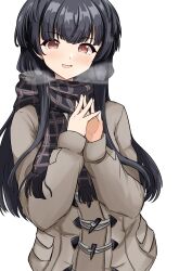 1girl absurdres black_hair black_skirt blunt_bangs blush breath brown_eyes coat commentary dot_nose fingerless_gloves gloves grey_coat gryebooks highres idolmaster idolmaster_shiny_colors long_hair long_sleeves looking_at_viewer mayuzumi_fuyuko open_mouth orange_gloves plaid_clothes plaid_scarf scarf simple_background single_fingerless_glove skirt smile solo steepled_fingers two_side_up upper_body white_background