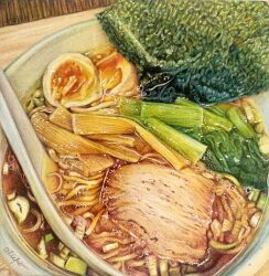 bowl chie_t19690428 colored_pencil_(medium) food food_focus hardboiled_egg highres meat no_humans noodles nori_(seaweed) original pork ramen realistic soup soup_ladle spring_onion traditional_media